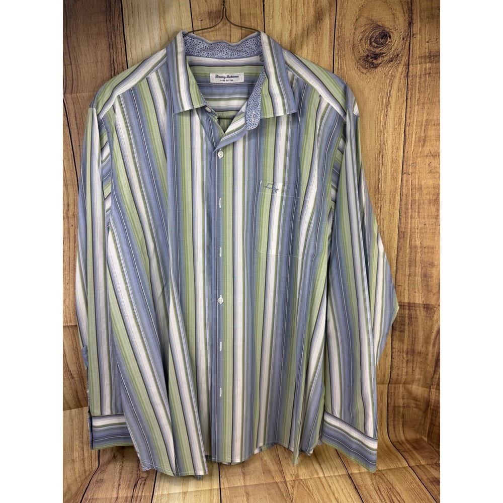 Tommy Bahama Mens XXL Pima Cotton Striped LS Button Down Shirt Blue Green